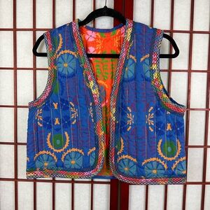 NWT Monoprix Blue Orange Colorful Eccentric Indie Reversible Quilted Vest